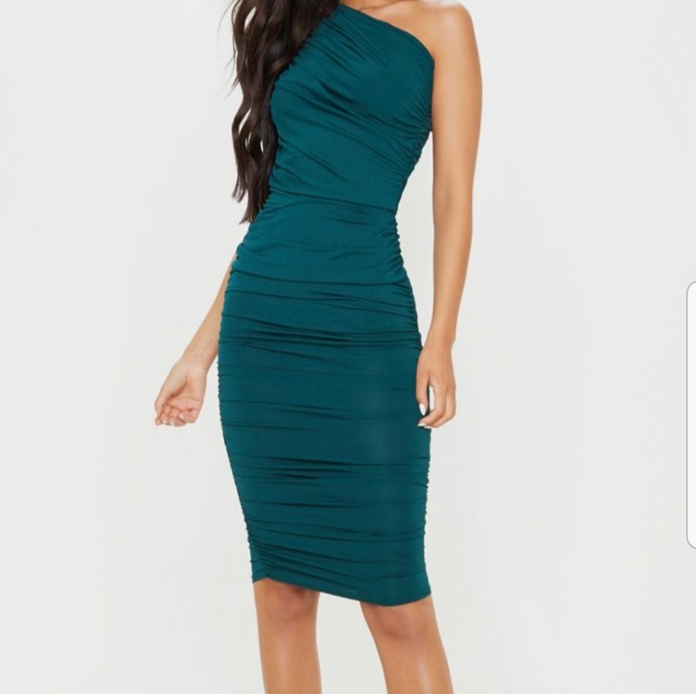 Dark Emerald Green One Shoulder Rouched Dress